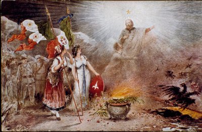 Unità italiana: cartolina di propaganda con la gloria di Giuseppe Garibaldi rappresentato come un santo in presenza di Guglielmo Oberdan, nazionalista e irredentista, l