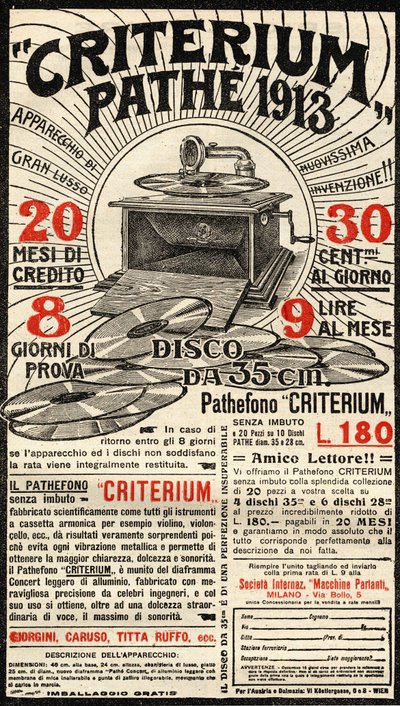 Pubblicità italiana del grammofono Criterium del marchio Pathé. da Italian School