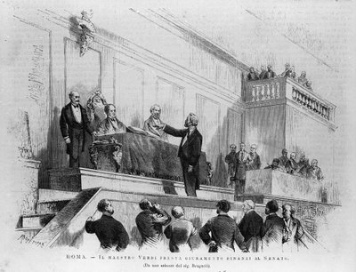 Giuseppe Verdi nominato senatore nel 1874, Roma. Incisione del 1875 da Italian School