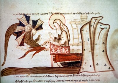Viaggio di San Brandano - Incontro di San Brandano (Brandano), monaco navigatore del VI secolo con un mostro marino volante. Manoscritto Venezia, seconda metà del XIV secolo Parigi, BNF, Manoscritti, Italiano 1708, f. 16 da Italian School