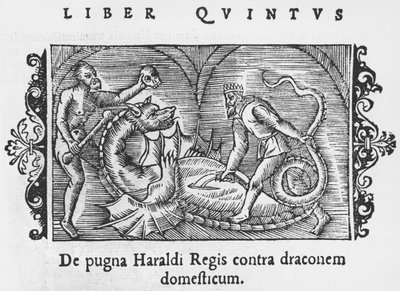 Re Harald che combatte un drago, illustrazione da Historia de Gentibus Septentrionalibus di Olaus Magnus (1490-1558), pubblicato a Roma, 1555 da Italian School