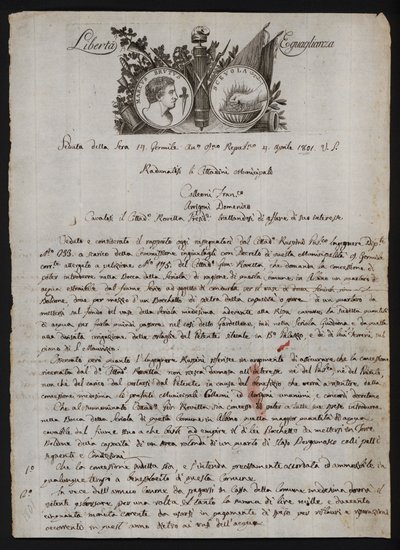 Lettera in italiano, con una raffigurazione della testa di Bruto il giovane, una mano ardente che rappresenta Gaio Muzio Scevola e il motto della Rivoluzione Francese da Italian School