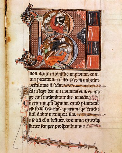 Lettrine B decorata con la rappresentazione del Re Davide che suona il salterio e che decora Golia. Pagina dal manoscritto "Psalterium Cum Calendario" XIII secolo Padova, biblioteca del seminario da Italian School