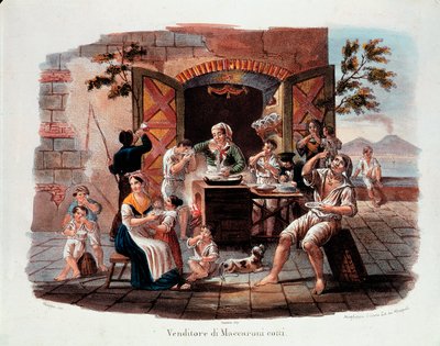 Piccolo mestiere napoletano: un venditore di maccheroni cotti. In lontananza il Vesuvio sulla baia di Napoli. Litografia del XIX secolo. Museo Nazionale delle Paste Alimentari, Fondazione Agnesi, Roma da Italian School