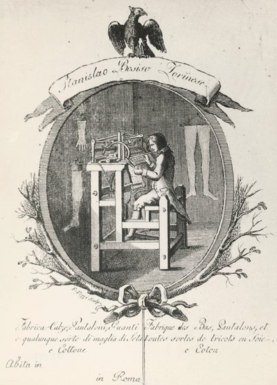 Telaio per la fabbricazione di calze, pantaloni e guanti, incisione per manifesto pubblicitario della ditta Stanislaus Bosiso, Italia da Italian School