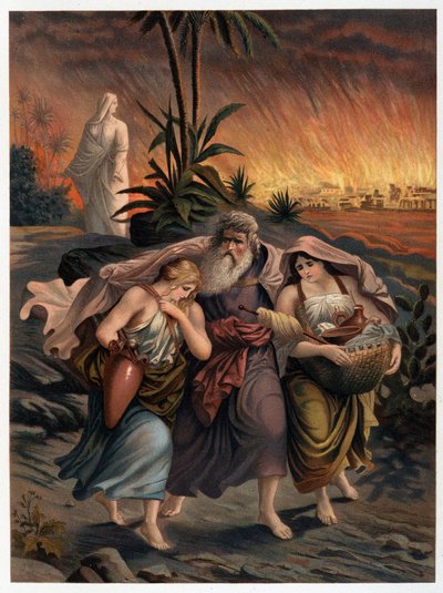Lot fugge dalla distruzione di Sodoma con le sue due figlie e sua moglie è trasformata in una statua di sale - in "Aurea Bibbia classica: storia della rivelazione divina nell
