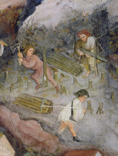 Boscaioli al lavoro. Abbattimento degli alberi nella foresta da Italian School