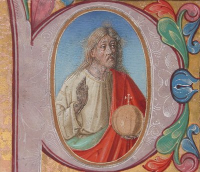 Illustrazione di Salvator Mundi in una iniziale P, da un libro corale da Italian School