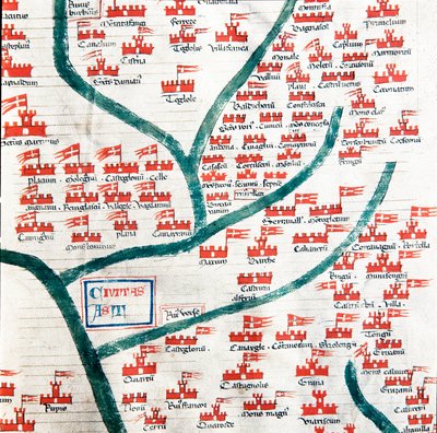 Mappa che mostra i comuni appartenenti alla città di Asti nel XIII secolo (Miniatura tratta dal 