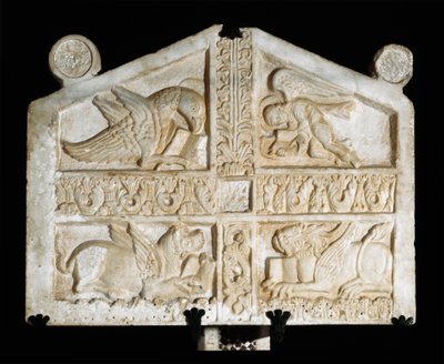 Scultura in marmo con simboli degli evangelisti (tetramorfo). Scultore lombardo anonimo del IX secolo. Fara Sabina, Abbazia di Farfa da Italian School