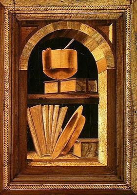 Pannello di intarsio di una natura morta con libri da Italian School