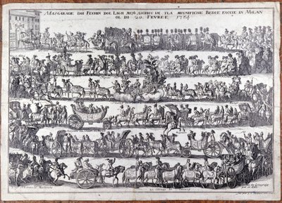 Mascherata: processione e danza di persone mascherate in occasione del carnevale. Milano 20/02/1764. Incisione del XVIII secolo da Italian School