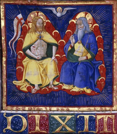 Maestro delle Vitae Imperatorum: La Trinità, miniatura da un libro corale illuminato su pergamena, c.1440 da Italian School