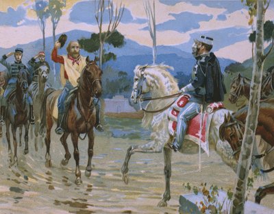 Incontro tra Giuseppe Garibaldi e il re Vittorio Emanuele II (1820-78) il 26 ottobre 1860 a Teano, illustrazione da un album sulla storia del Risorgimento realizzato per il cioccolato Talmone, fine XIX secolo da Italian School