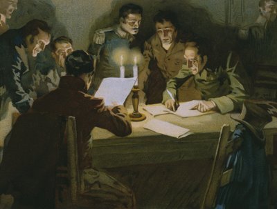 Incontro dei primi partigiani che resistono agli occupanti, nascita dei Carbonari, illustrazione da un album sulla storia del Risorgimento realizzato per il cioccolato Talmone, fine XIX secolo (cromolitografia) da Italian School