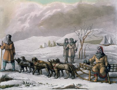 Uomini di Kamchatska, con una slitta trainata da cani, da Costumi dei... di Giulio Ferrario, c.1820-30 da Italian School