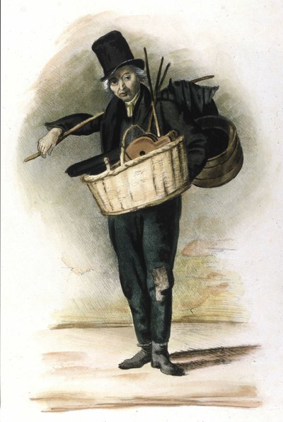Mestiere milanese: un riparatore di ombrelli e mantici. Incisione di Locarno del 1830 da Italian School