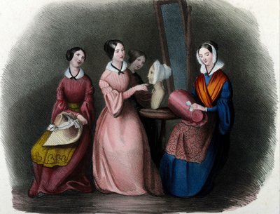 Mestiere milanese: giovani donne che confezionano cappelli. Incisione di Locarno del 1830. da Italian School