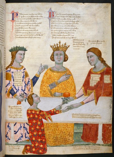 Miniatura del Giudizio di Paride, con Pallade Atena, Giunone e Venere sedute a un tavolo, e Paride che dà un ramo d