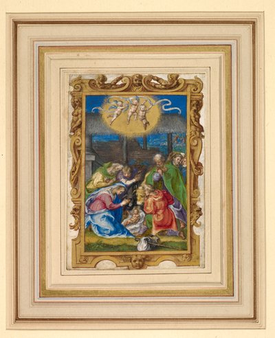 Miniatura della Natività con la Sacra Famiglia e i pastori in una stalla, con tre putti che portano un rotolo iscritto sopra e l