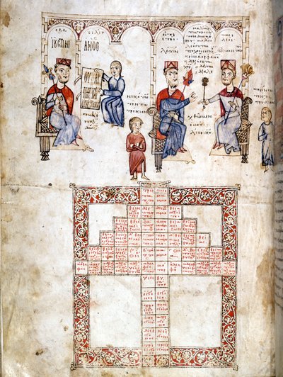 Pagina miniata di "Ecloga Legum", manoscritto legale risalente al 1175. I personaggi mostrati sono da sinistra a destra Giustiniano I (482 - 565), Leone I (457-474) e Costantino I il Grande (270/288 - 337). Venezia, bibl. Marciana. da Italian School