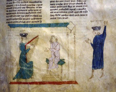 Ms.EST.59 fol.98r La figlia del re Faramont cerca di sedurre Tristano, dalla Storia di Tristano da Italian School