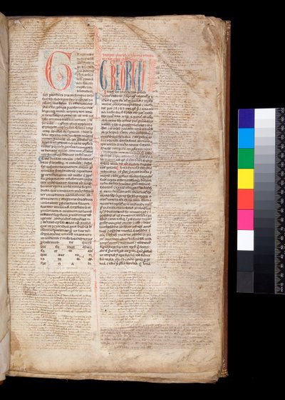 Ms 213. Gregorio IX, Decretales con Apparatus di Bernardo Botone di Parma, F.1r. Iniziale [G] in rosso con decorazione riservata e a penna blu da Italian School