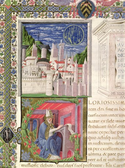 Ms 218 f.2r Veduta di Roma come la Città di Dio, e Sant
