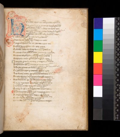 Ms 315. Orazio, Ars Poetica e Epistulae, f.1r. Iniziale decorata [N] in blu e rosso con riempimento a scacchi e decorazione a penna circostante in rosso da Italian School