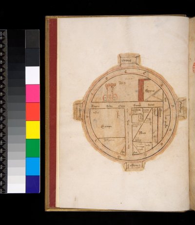 Ms 315. Orazio, Ars Poetica e Epistulae, f.1v. Mappa T-O del mondo, con una torre che rappresenta Gerusalemme da Italian School