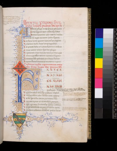 Ms 329. Stazio, Tebaide, f.19r. Iniziale illuminata [F] in blu con decorazione riservata per l