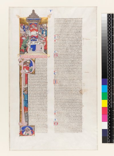 Pagina di testo con una lettera iniziale istoriata P e una miniatura raffigurante un cardinale in trono, dal Libro V delle Decretali di Gregorio IX, da Bologna, c.1350 da Italian School