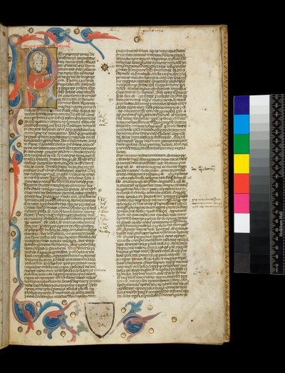Ms 370. Orosio, Historiarum Adversum Paganos Libri Septem, f.2r. Iniziale abitata illuminata [P], con ritratto dell