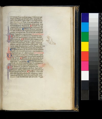 Ms 373. Pseudo-Cicerone, Rhetorica ad Herennium, e altre opere, f.50r. Iniziali fiorite a penna e una decorazione a penna nel margine che rappresenta un monaco scalzo inginocchiato, c.1337 da Italian School