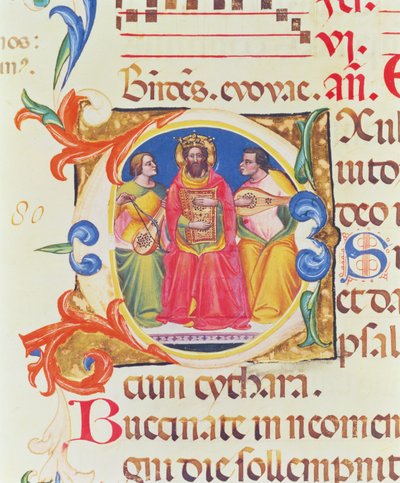 Iniziale istoriata O raffigurante Re Davide e due angeli, dal Salterio di Santa Maria Novella, miniato da Paolo Soldini (fl.1342-86) 1379 da Italian School
