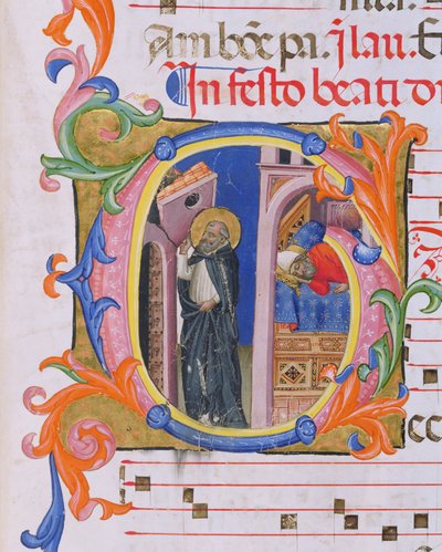 Ms 559 f.298v Iniziale Istoriata G che Raffigura San Domenico che Sostiene la Chiesa e il Sogno di Papa Onorio III (1216-27) da Salterio H da San Marco e Cenacoli da Italian School