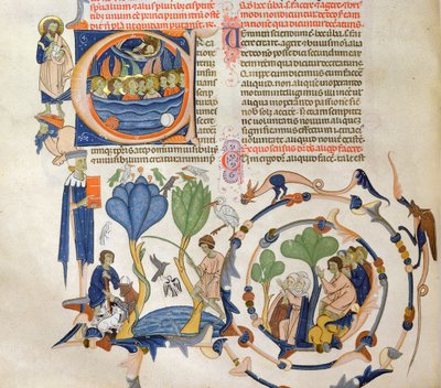 Ms 766 Cristo che parla agli angeli e scene di vita quotidiana medievale (agricoltura, pesca e preghiera, miniature dal Liber Quatuor Sententiarum di Petrus Lombardus) da Italian School