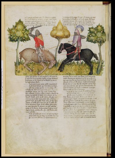 Ms Fr 343 fol.26v Il cavallo di Sir Percival viene ucciso, dalla Queste del Saint Graal, c.1380-85 da Italian School