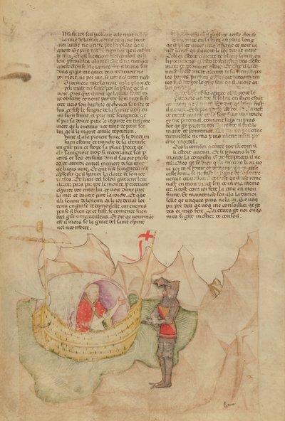 Ms Fr 343 fol.32v La nave bianca arriva a salvare Percival, dalla Queste del Saint Graal, c.1380-85 da Italian School