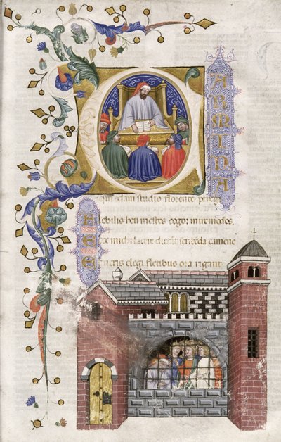 Boezio con studenti in prigione, da De Consolatione Philosophiae cum Commento, 1385 da Italian School
