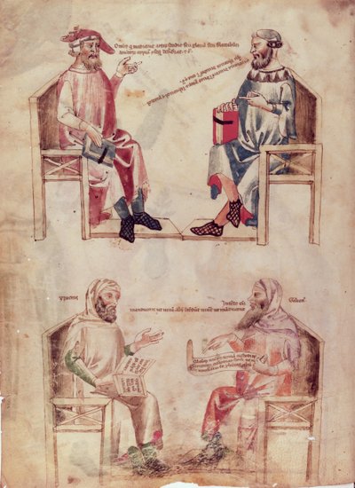 Ippocrate (c.460-c.377 a.C.) e Hunayn ibn Ishaq (808-73) e Ippocrate e Claudio Galeno (c.131-c.201) da De Herbis di Manfredus de Monte Imperiali, c.1330-40 da Italian School