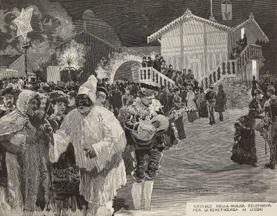 Chiosco musicale per raccogliere fondi per i ciechi, maschera di Pulcinella, Carnevale a Napoli, Italia, incisione da disegno di Matania, incisione di Gamberoni da L