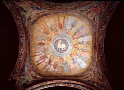 Agnello mistico circondato da santi e angeli da Italian School