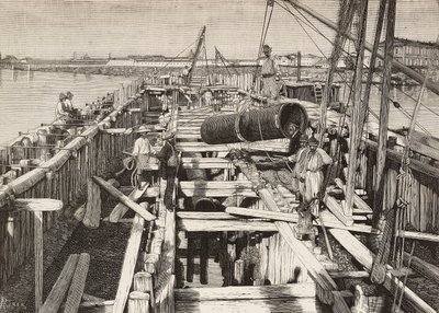 Nuovo acquedotto a Venezia, posa del canale nella laguna, Italia, incisione da un disegno di Riera, da L