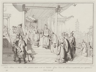 Nicolo Matteo e Marco Polo partono dalla corte di Cubilai Gran Can de Tartari occidentali per ripatriarsi da Italian School