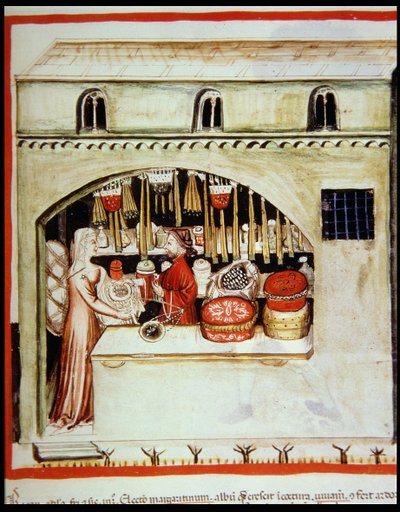 Nova 2644 f.46r Vendita di Riso, da Tacuinum Sanitatis Codex Vindobonensis da Italian School