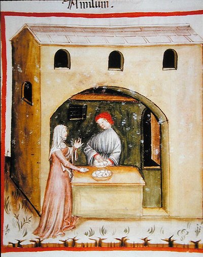 Vendita di amido di grano, da Tacuinum Sanitatis Codex Vindobonensis da Italian School