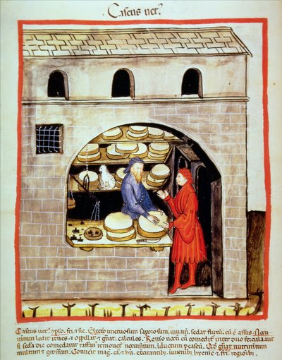 Vendita di formaggio stagionato, dal Tacuinum Sanitatis da Italian School
