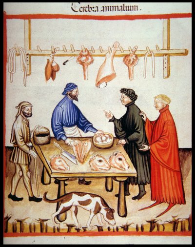 Nova 2644 fol.77r Macelleria, vendita di cervelli, dal Tacuinum Sanitatis Codex Vindobonensis da Italian School
