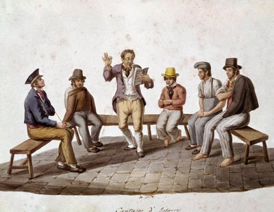 Vecchi mestieri napoletani: il lettore ambulante o cantastorie (acquerello del XIX secolo) da Italian School
